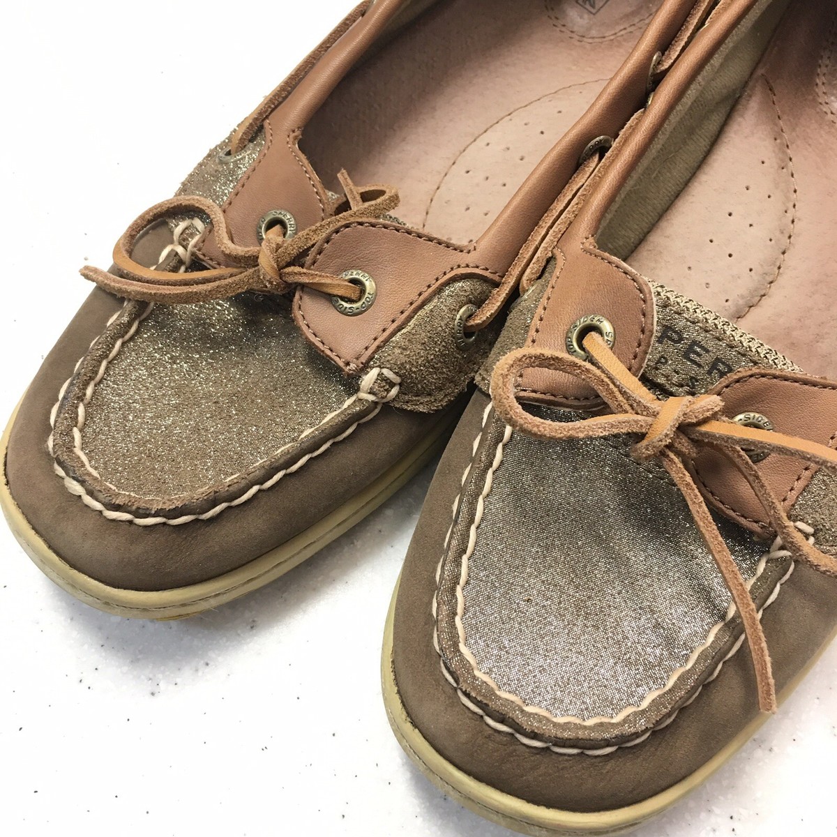 Sperry Top Siders Women 9M Brown Leather Silver Sparkle Glitter Boat Shoes  90238