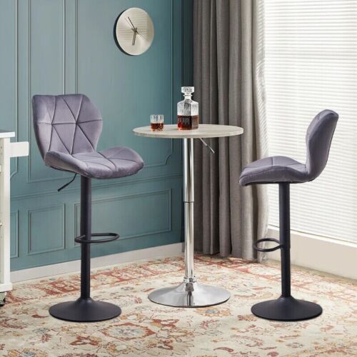 2x Grey Velvet Bar Stool Swivel Gas Lift Chairs Kitchen Pub Chair Modern-