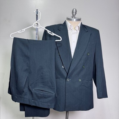 Julian Loren Suit Mens 46R 38W Gray Blue Pinstripe Double Breasted Vintage