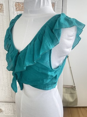 Trendy Teal Ruffle V-Neck Button Down Cropped Blouse Indie Boho Aesthetic