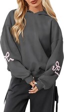 Womens Bow Print Hoodies Fleeced Oversized Hooded Sweatshirts Long Sleeve Cut...