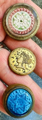 LOT Antique STAR Victorian Sulfide GOLD COIN Glass Picture Hanger Screw Hardware
