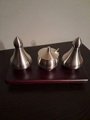 Vintage Eastern Pewter 97%, Tray, Salt, Pepper & Mustard Pot Cruet Set, NOS