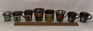 ANTIQUE 8 EARLY SMALL TIN LITHO TOY TEA SET CUPS AIRPLANE DONKEY WAGON VICTORIAN