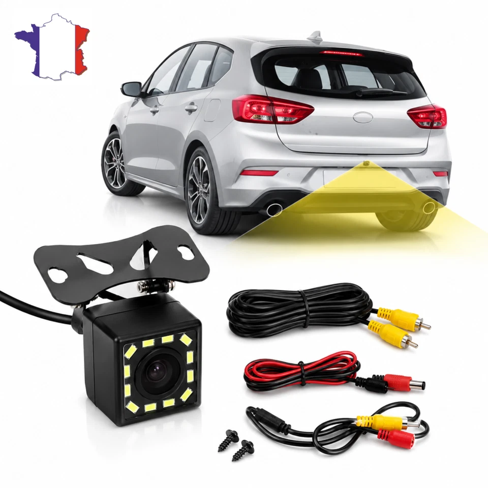 Caméra de Recul Voiture 12V HD Vision Nocturne 12 LED Étanche IP68 RCA 140° - Photo 1/4