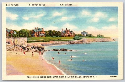 Newport RI Cliff Walk Belmont Beach Residences Linen Postcard 1934 AA464