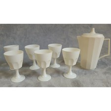 Vintage Toy Cream Plastic Pitcher and 6 Goblets Pretend Play Collectibles