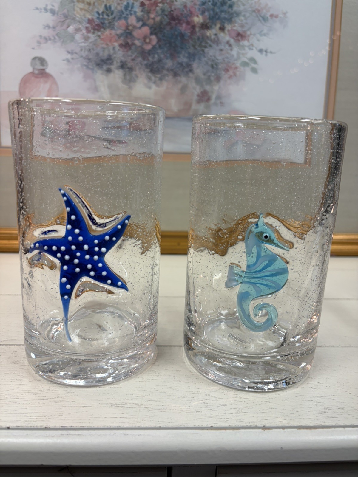 Recycled Blown Glass Bubble Glass Tumblers 1 Starfish 1 Seahorse