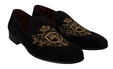 Dolce&Gabbana Men Loafers Black Velvet Gold Crown Shoes Flat Shoes Size EU 39