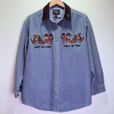Vintage 90s Let s Quiz Again Ugly Christmas Denim Shirt Western Cowboy Cats L