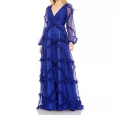 Mac Duggal Royal Blue Cascaded Ruffle Puff Sleeve A-Line Gown Size 8 NWT