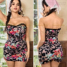 Women's Sexy Strapless Bandeau Tube Dress Floral Ruched Bodycon Mini Dress Gifts
