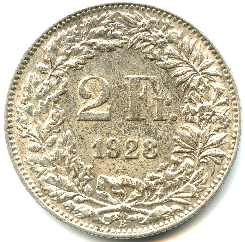 Svizzera 2 franchi argento Helvetia deboutr 1928 B qualità n. 1393 - Immagine 2 di 2