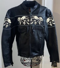 NEW Dream Apparel Men Black Leather Reflective Skulls Motorcycle Riding Jacket-L