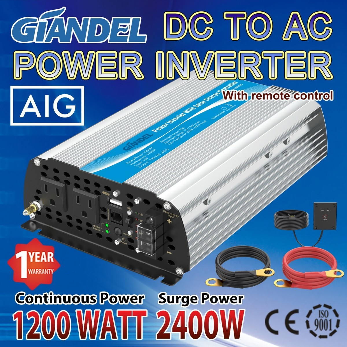 Power Inverter 1200W 12V-110V~120V with 20A Solar Controlle US 