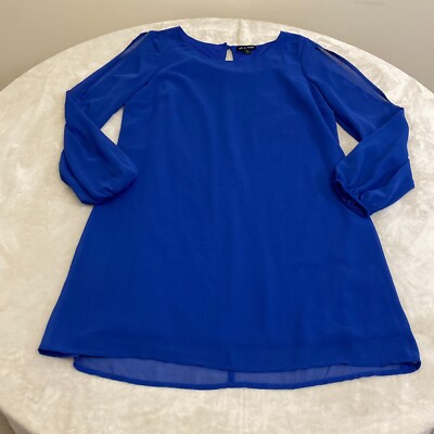 As U Wish Womens Blue Open Long Sleeve Round Neck Shift