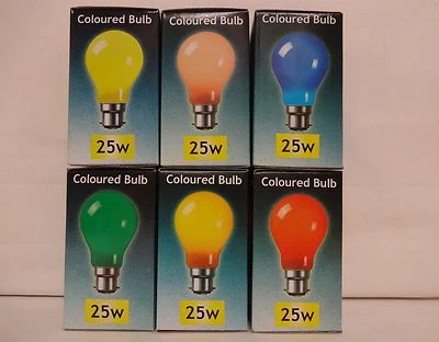 25watt Coloured GLS Light Bulbs BC (B22) or ES(E27) X 5 Crompton Quality branded