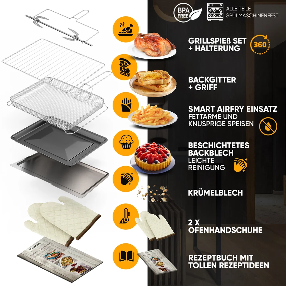 Minibackofen mit Umluft 45L Drehspieß Doppelglastür Mini Backofen Pizzaofen - Bild 3 von 4