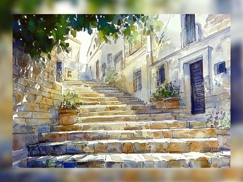 Sunlit Stone Steps 5"x7" Print on Matte Paper | Charming Mediterranean Artwork - Picture 11 of 17