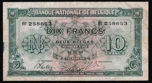 Belgium 10 francs 1943.02.01. Bank Monogram P122 Prefix R1 aF - Picture 6 of 8