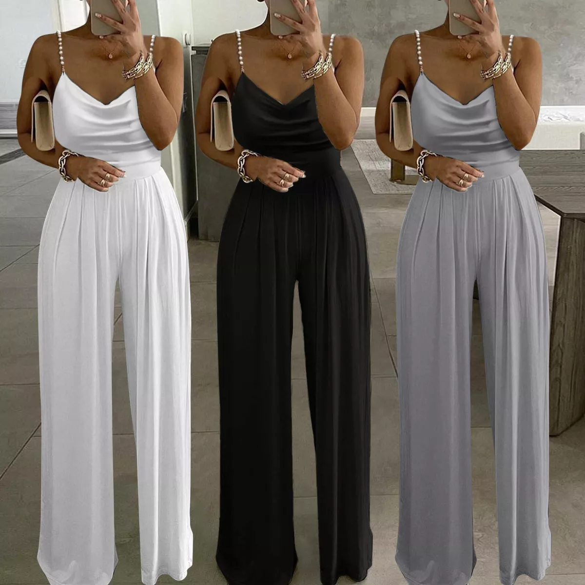 Womens Sexy Solid Pearl Sling Top Wide Leg Pants Jumpsuit Party Club Slim Romper