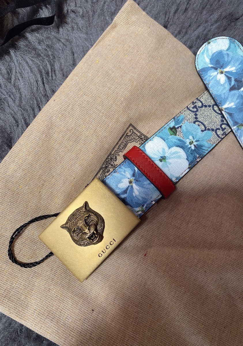New Gucci Women/unisex Blue Blom Print Belt Gold Tiger New Gucci Women/unisex Blue Blom Print Belt Gold Tiger