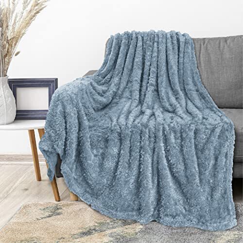 Dusty Slate Blue Plush Throw Blanket for Couch, Throw