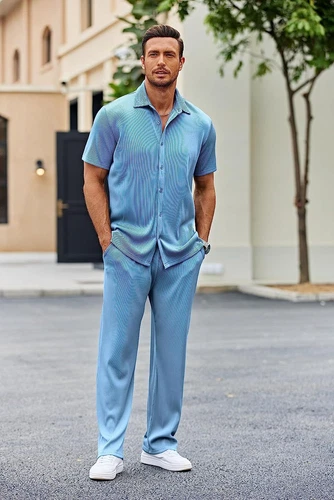 Men Outfit 2-Piece Set Half Sleeve Button Shirt and Pants Sweatsuit Set - Picture 8 of 30