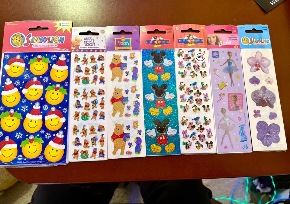 Lot of 7 NEW Sandy Lion vtg sticker packs Winnie the Pooh Mickey Disney Barbie + - Image 2 of 4
