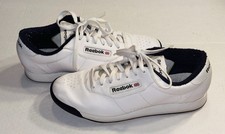 Vintage Reebok Classic Princess White Leather Sneakers Navy Blue Trim Women's 9