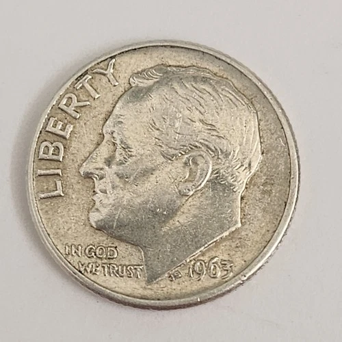 1963 D Roosevelt Dime ,90% Silver, Denver Minted, Fine (F),  As Shown