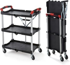 Portable Folding Service Cart, 3 Tier Folding Utility Cart, Collapsible Cart