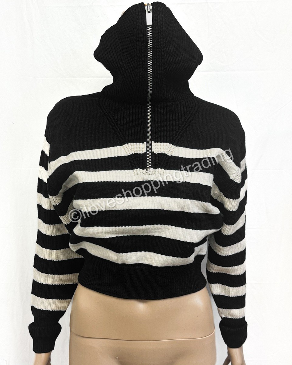 ZARA STRIPED HIGH NECK HALF ZIP CAPE COLLAR CHUNKY RIB KNIT CROP