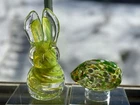 Bunny & Egg Pair. Blenko Blown Glass Egg & Marrowbone Rabbit - Spring Colors