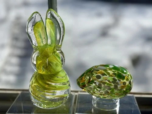 Bunny & Egg Pair. Blenko Blown Glass Egg & Marrowbone Rabbit - Spring Colors
