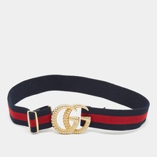 Gucci GG Marmont Torchon 70 CM Buckle Belt Navy BlueRed Web Canvas