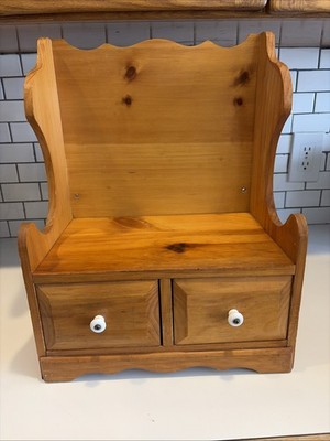 Vintage Rustic Country Pine Wood Countertop Cookbook Holder Shelf Rack + Drawer