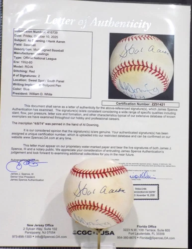 HANK AARON HOF & AL DOWNING Signed "4/8/74" Auto NL Baseball Braves JSA 💎 LOA