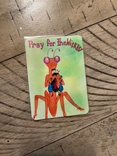 ACEO Praying Mantis card in sleeve. Punny card with colored backside