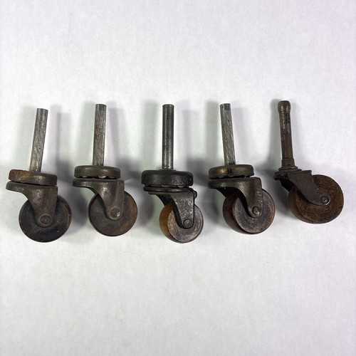 5 Antique GEM Wooden Wheel Furniture Casters 4 Swivel & 1 Fixed 1.5" Stems