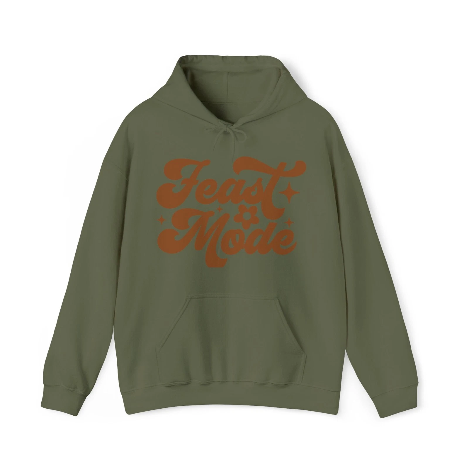 Feast Mode hoodie | Retro script typography, brown floral stars design