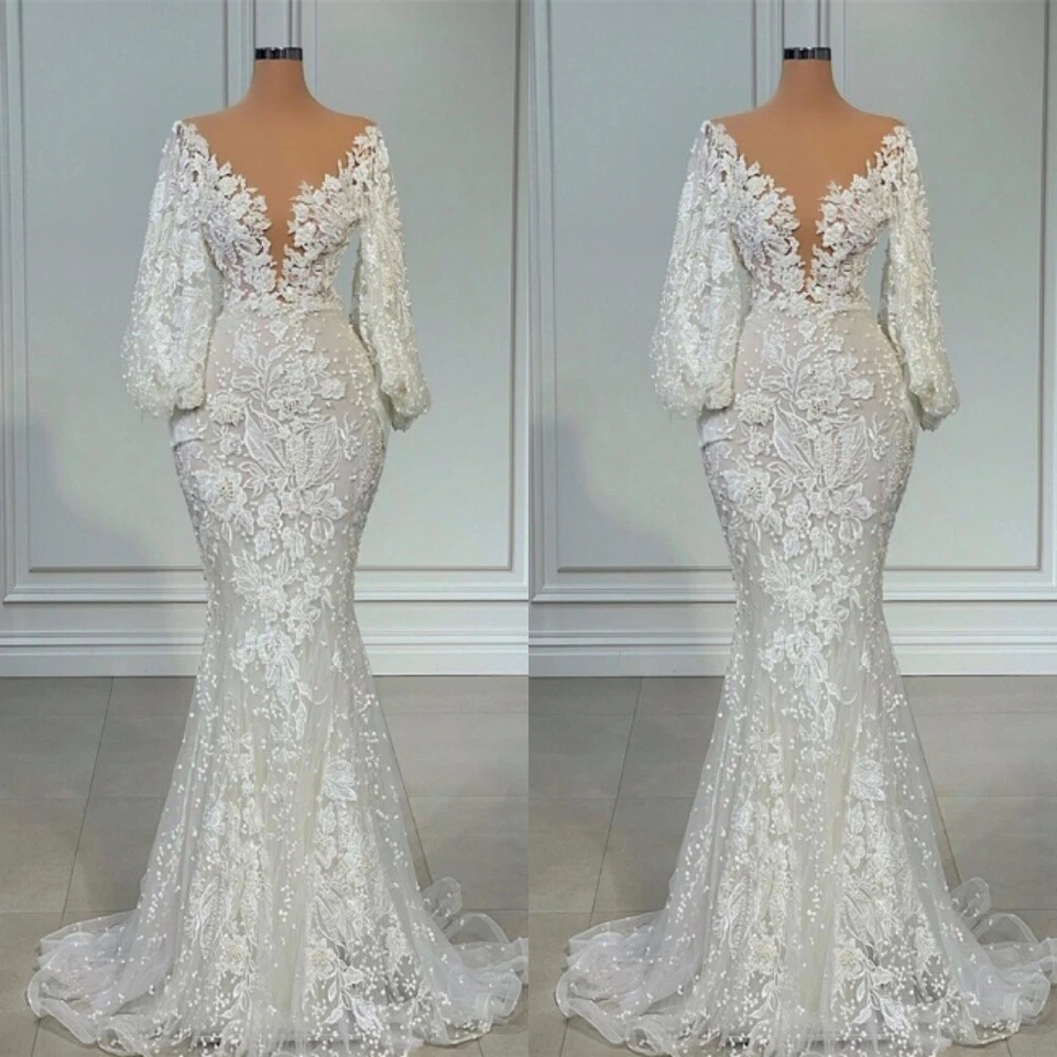 Elegant Mermaid Wedding Dresses V-Neck Puffy Sleeves Lace Applique Bridal Gowns - Image 4 of 4