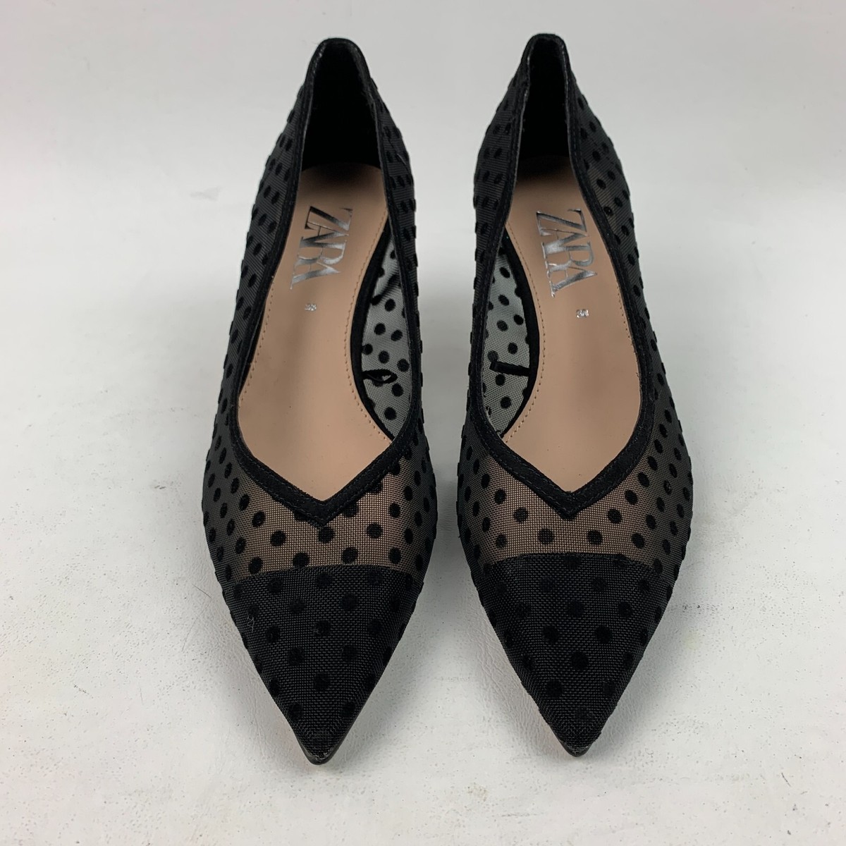 Zara Pumps Black Pointy Toe Dot Fabric Mesh Slip On Shoes Size