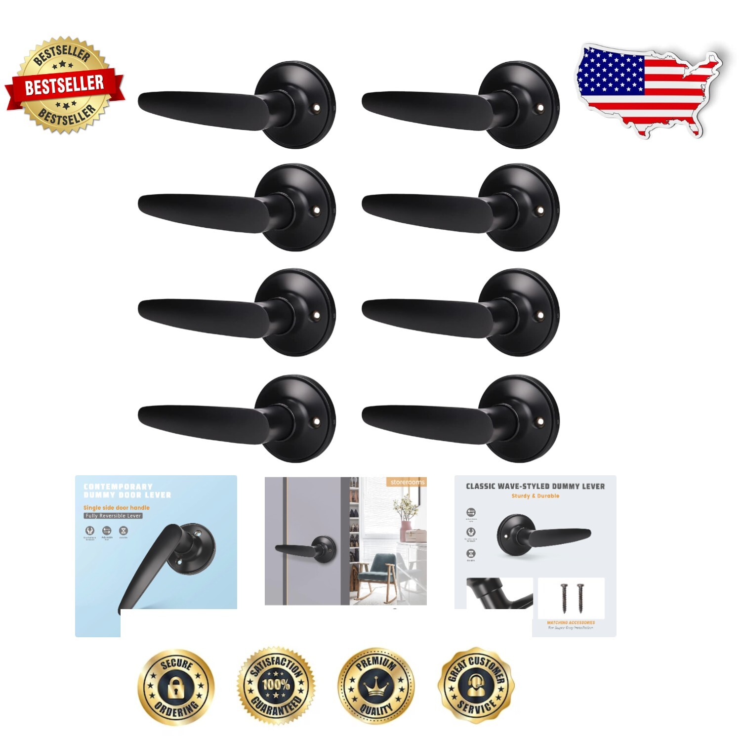 Single Dummy Door Handles - 8 Pack Matte Black Straight Lever for Efficient Use