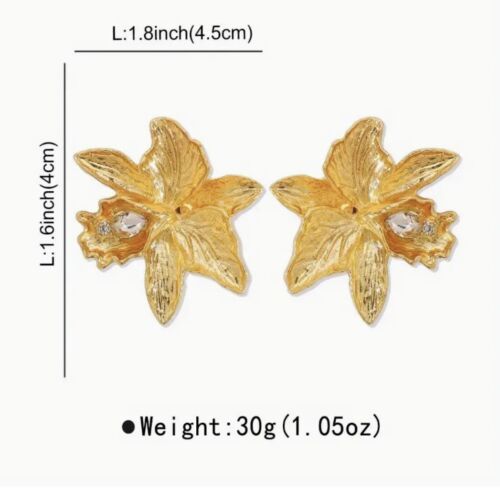 Flower Earrings Gold Zara Crystal Stud CZ Statement Exaggerated Textured Big - Picture 3 of 6