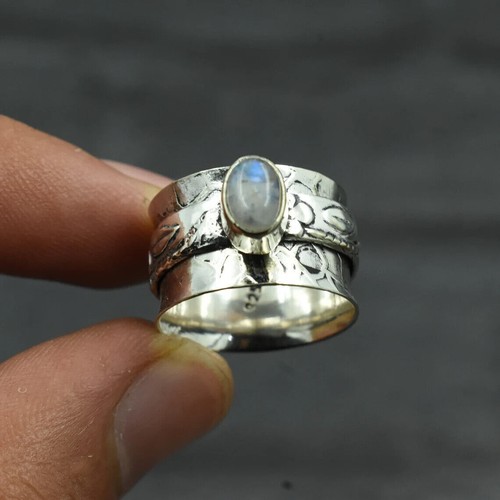 Bague pour homme faite main en argent sterling 925 avec pierre de lune arc-en-ciel : cabochon tendance - France