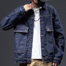 Denim da Uomo Giacca Con Manica Lunga Tasca Rétro Western Jean Cappotto Regular