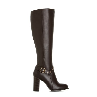 Vestia by Izabella Rue (SHOEDAZZLE) Brown manmade leather boots, buckles, SZ 6.5