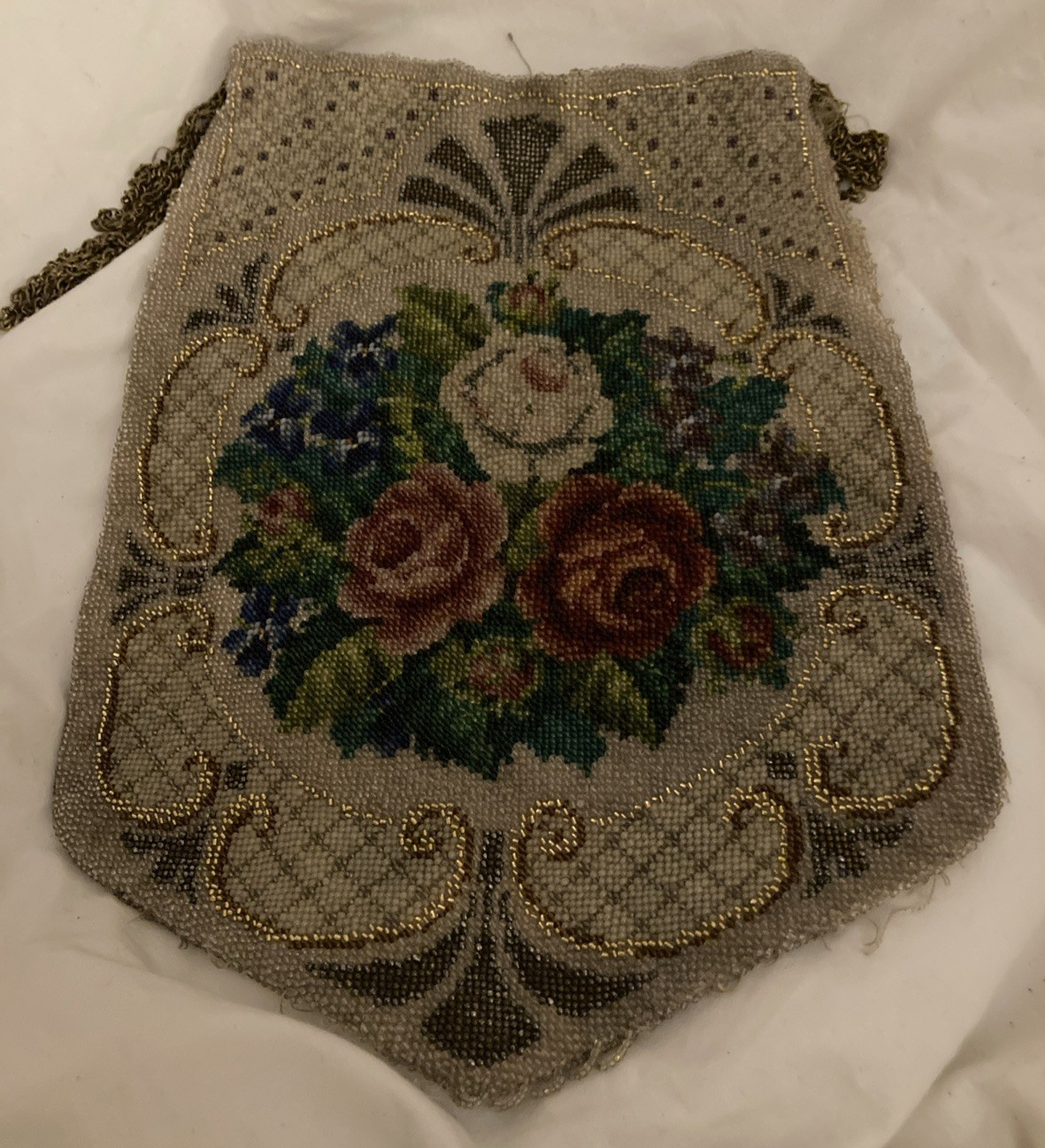 Antique 1920s Vintage Beaded Colourful Floral Evening Bag, Chain Handle, TLC 3