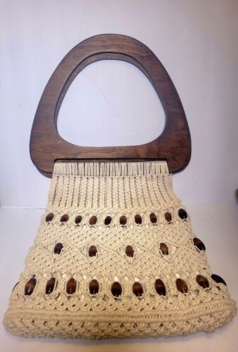 Vintage Macrame Crochet Woven Beaded Bag Large Woo